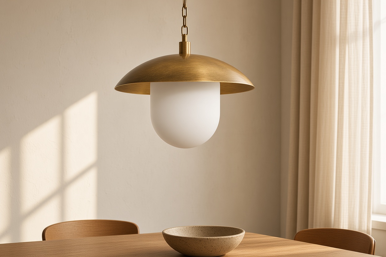 Mosiężna lampa wisząca nad drewnianym stołem w świetle dnia