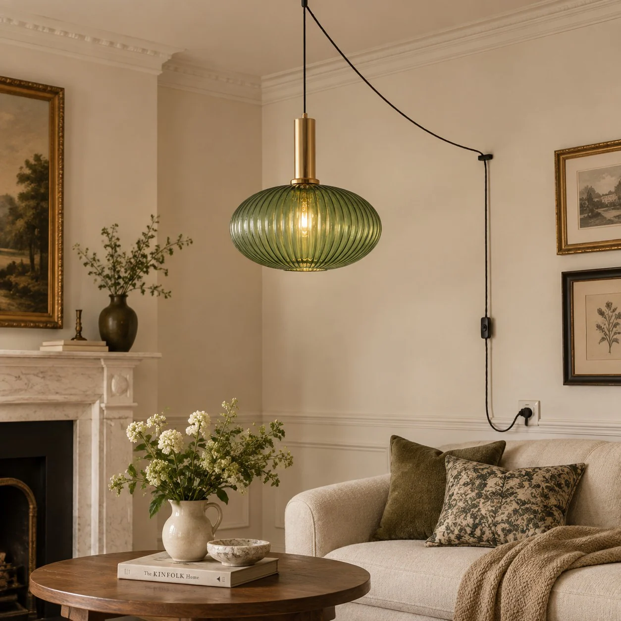 Retro ribbed glass plug-in pendant light in a home interior